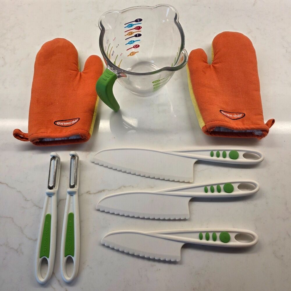 Curious Chef Lot of Childens Nylon Knifes, Oven Mitt, Peeler & Measuring Cup